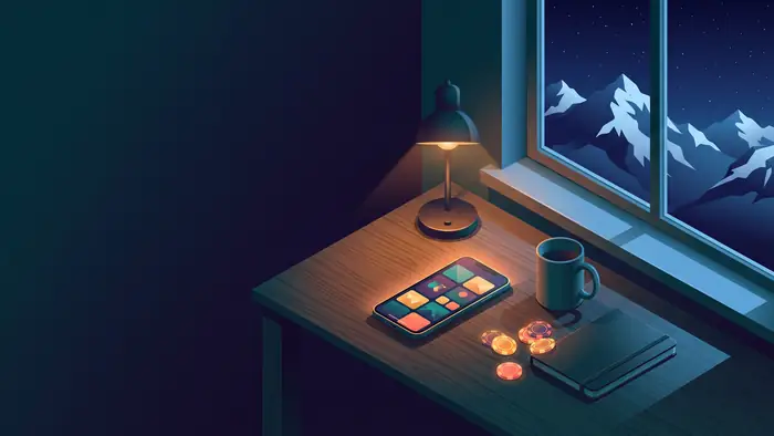 Lucky Jet — стол у окна при лампе: телефон с игровым лобби, фишки, чашка и блокнот, за окном горы