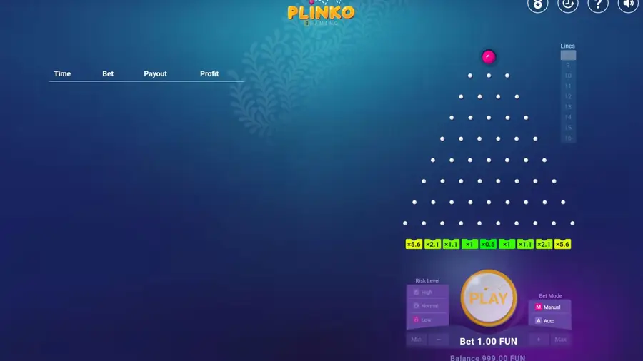 Поле Plinko: шарик идёт сверху вниз, а множители слотов растут от середины к краям.